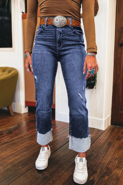 PREORDER: Folded Cuffs Distressed Straight High Waist Jeans (Ships in 21-28 Business Days)