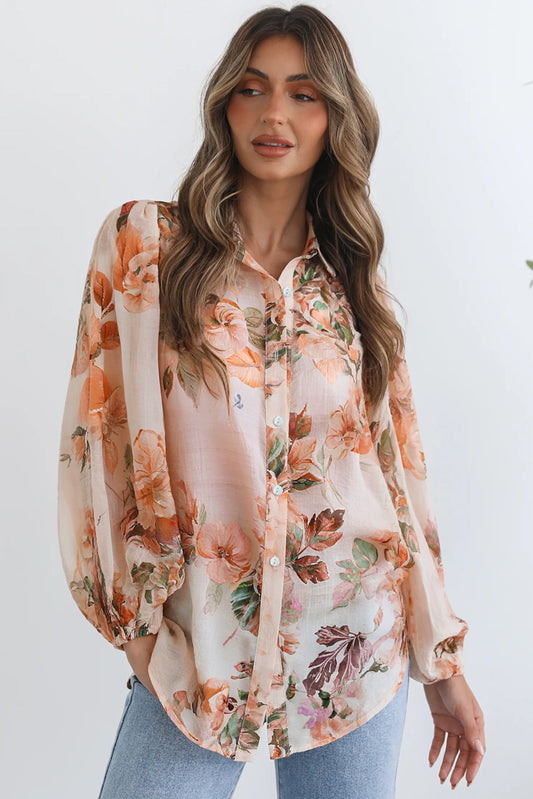 PREORDER: Orange Floral Puff Sleeve Lightweight Shirt (Ships 2-4 Weeks)
