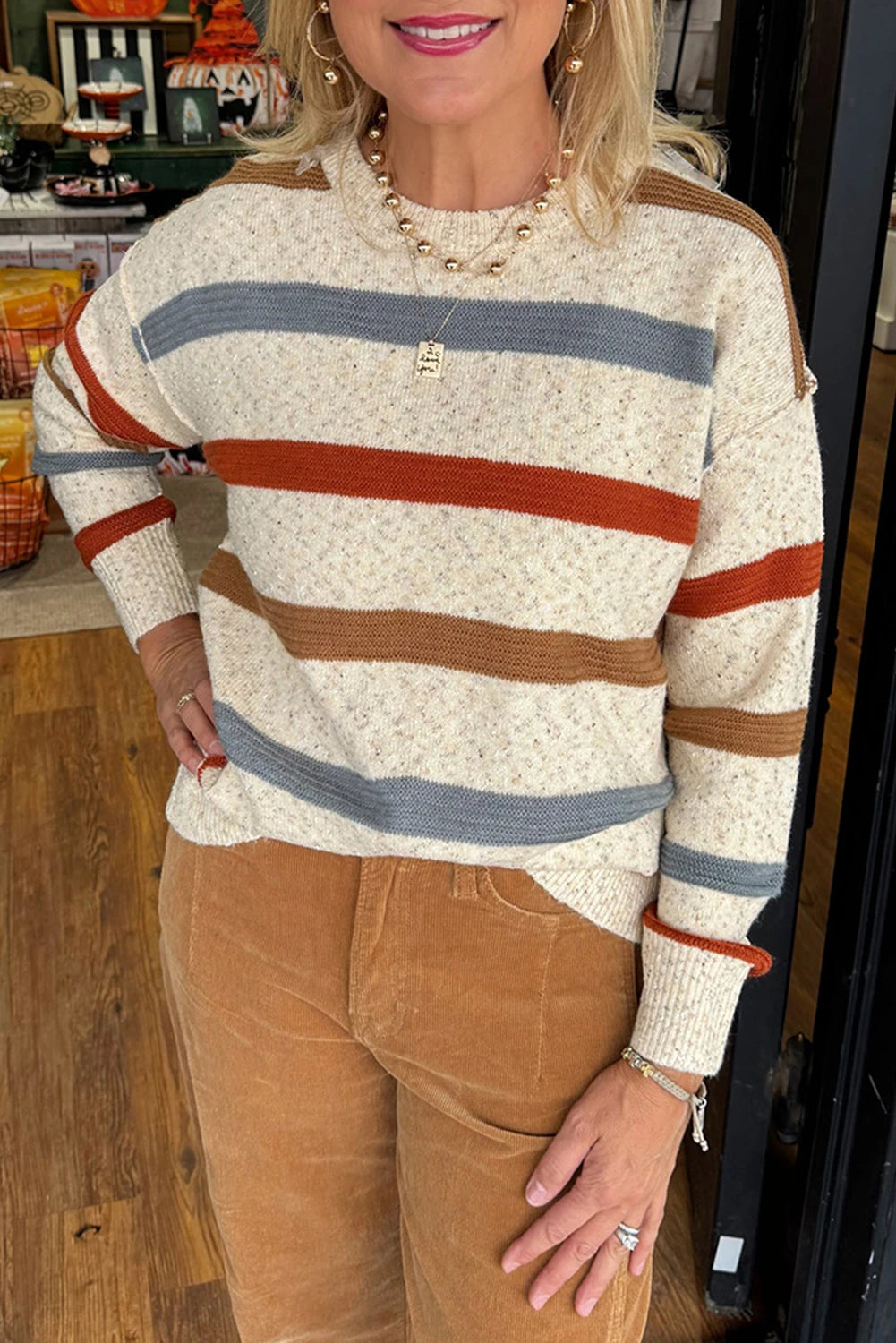 PREORDER: Beige Stripe Exposed Seam Drop Shoulder Heathered Knit Sweater (Ships 21-28 Business Days) (Copy)