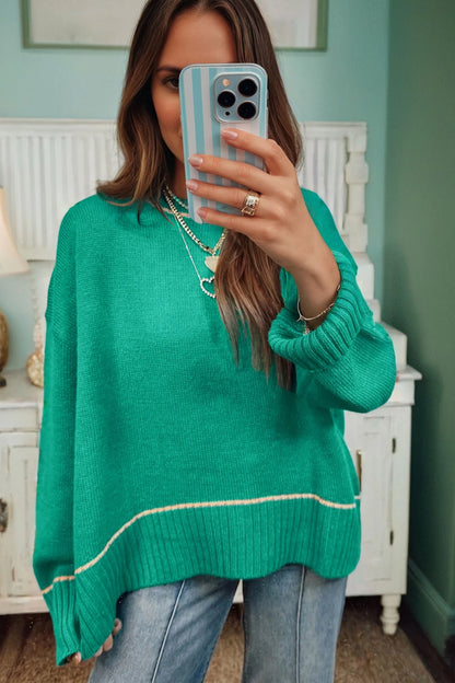 PREORDER: Sea Green Contrast Detail Drop Shoulder Baggy Sweater (Ships 21-28 Business Days)