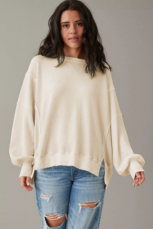 PREORDER: Waffle Knit Bishop Sleeve Split Oversized Top (Ships 3-4 Weeks)