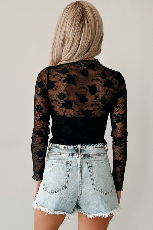 PREORDER: Black Sheer Floral Lace Mesh Mock Neck Long Sleeve Top (Ships 3-4 Weeks)