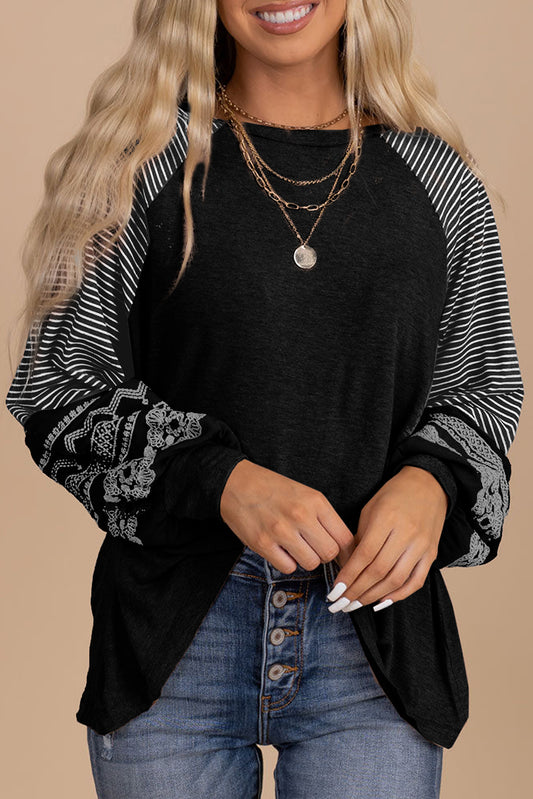 PREORDER: Black Contrast Print Striped Raglan Long Sleeve Loose Top (Ships 3-4 Weeks)