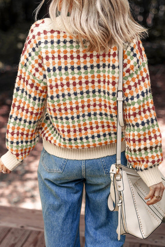 PREORDER: Multicolour Dotty Pattern Knit Button Front V Neck Sweater Cardigan (Ships 21-28 Business Days)