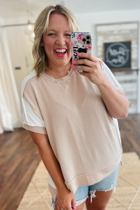PREORDER: Parchment Twist Rib Colorblock Hi Low Plus Size Short Sleeve Top (Ships 2-5 weeks)