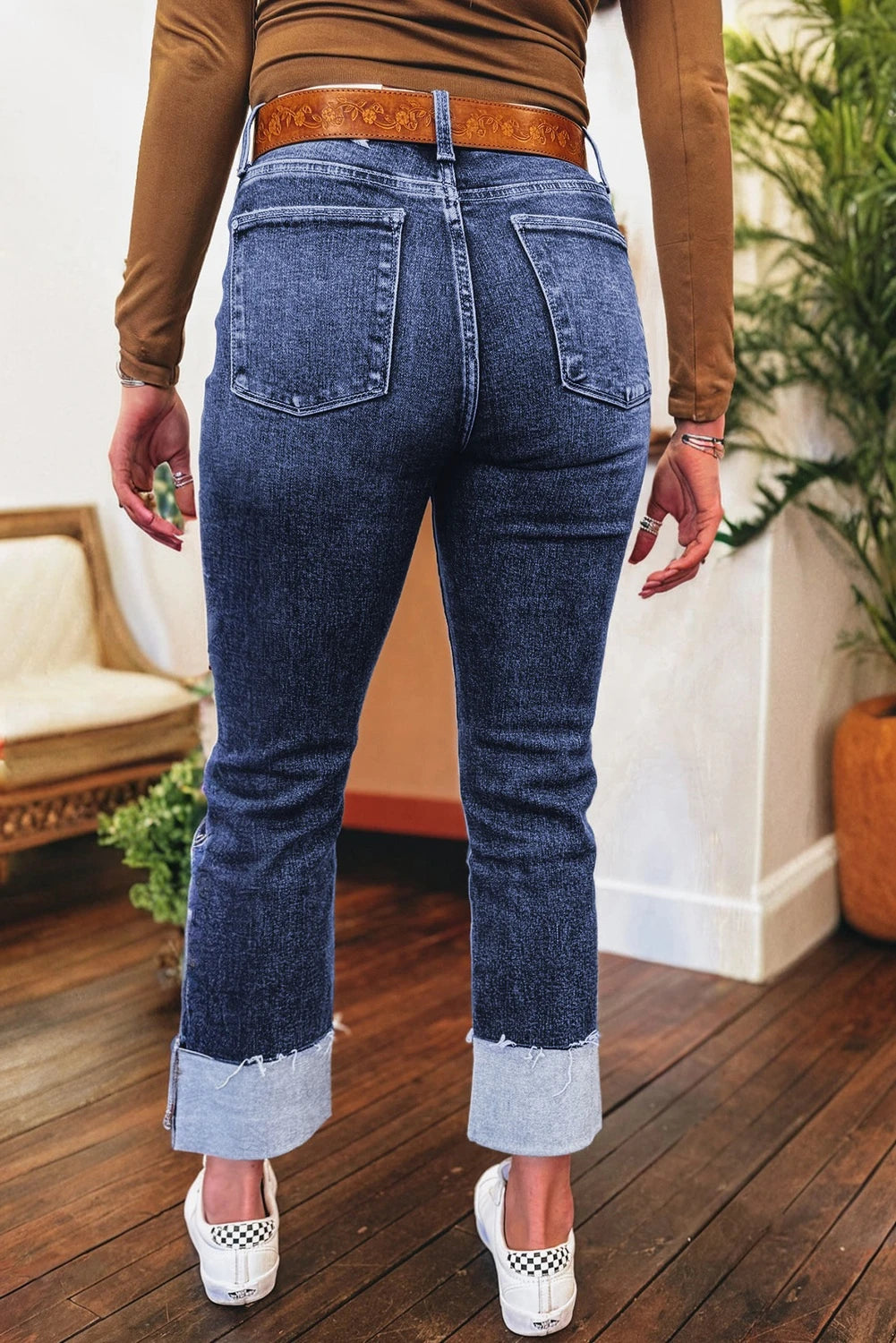 PREORDER: Folded Cuffs Distressed Straight High Waist Jeans (Ships in 21-28 Business Days)