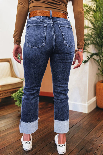 PREORDER: Folded Cuffs Distressed Straight High Waist Jeans (Ships in 21-28 Business Days)