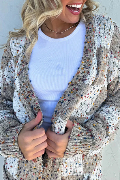 PREORDER: Brown Confetti Dot Checkered Print Open Cardigan with Pockets (Ships 21-28 Business Days) (Copy)