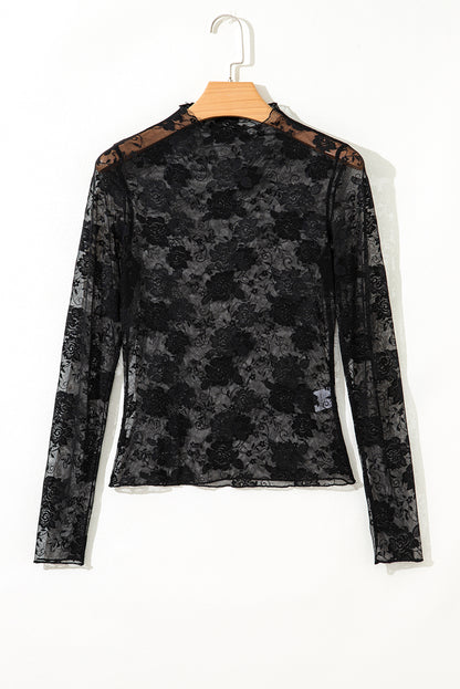 PREORDER: Black Sheer Floral Lace Mesh Mock Neck Long Sleeve Top (Ships 3-4 Weeks)