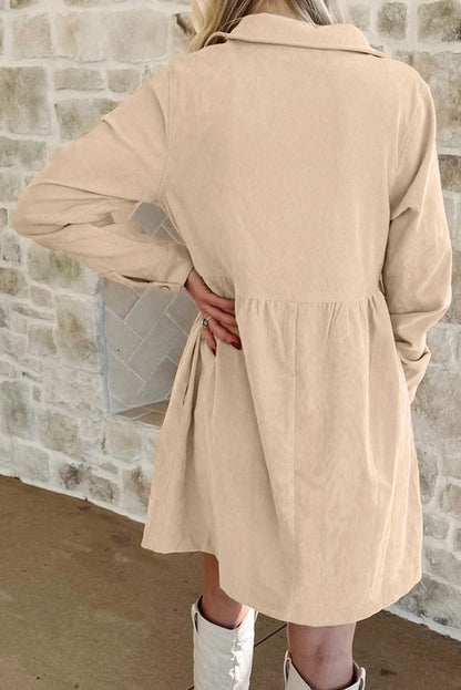 PREORDER: Oatmeal Corduroy Half Button Collared Long Sleeve Mini Dress (Ships 21-28 Business Days)