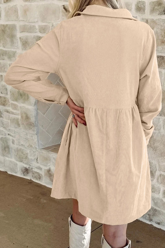 PREORDER: Oatmeal Corduroy Half Button Collared Long Sleeve Mini Dress (Ships 21-28 Business Days)