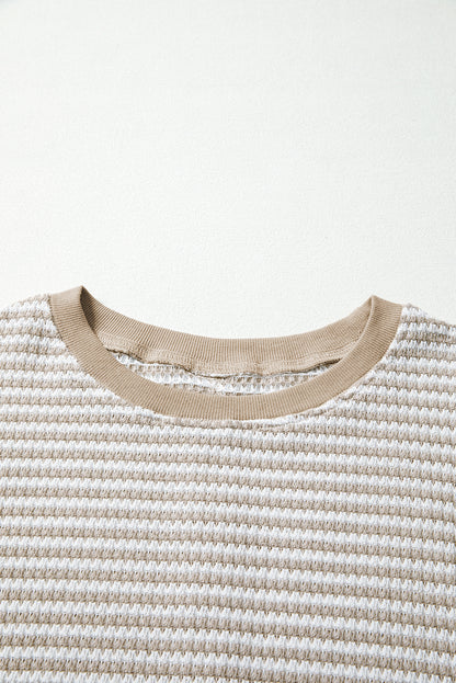 PREORDER: Brown Stripe Ribbed Trim Drop Shoulder Long Sleeve Oversize Top (Ships 3-4 Weeks)
