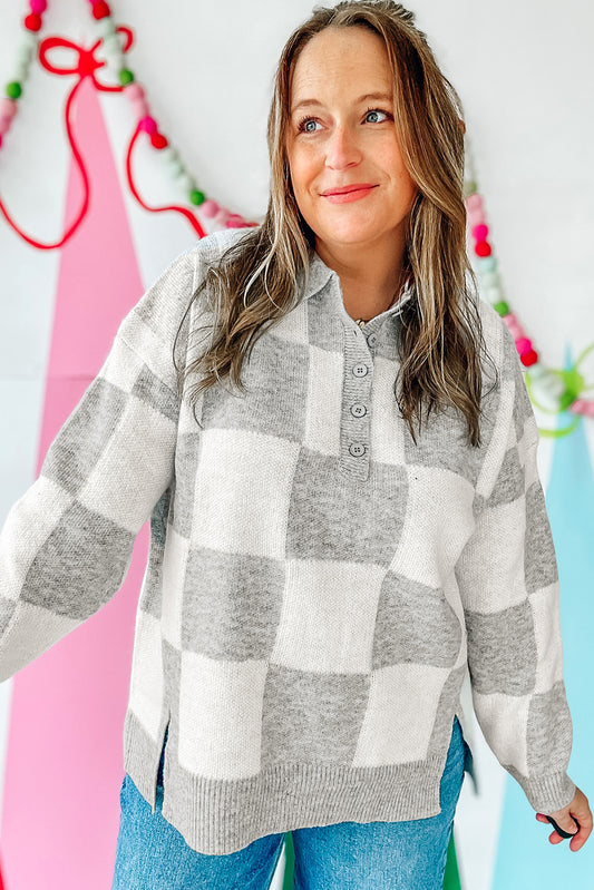 PREORDER: Gray Plus Size Checkered Split Sweater (Ships 2-4 Weeks)