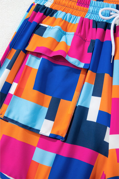 PREORDER: Rose Geometric Printed Drawstring Waist Beach Shorts with Pockets (Ships 2-5 weeks)