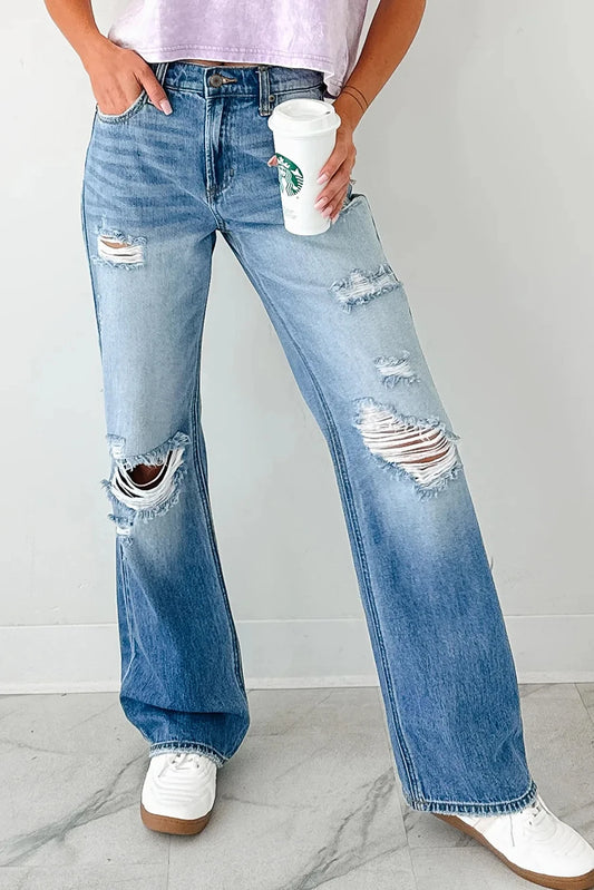 PREORDER: Mid Rise Distressed Sneak Peek Straight Leg Jeans (Ships in 21-28 Business Days)