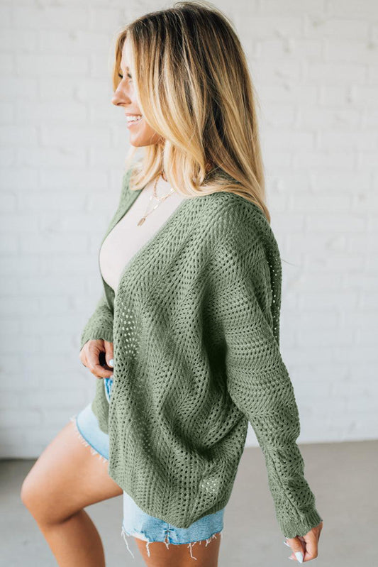 PREORDER: Green Scalloped Edge Eyelet Knit Batwing Sleeve Cardigan (Ships 3-4 Weeks)