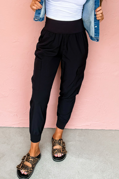 PREORDER: Black Elastic High Waist Pocketed Cargo Jogger Pants (Ships 3-4 Weeks)