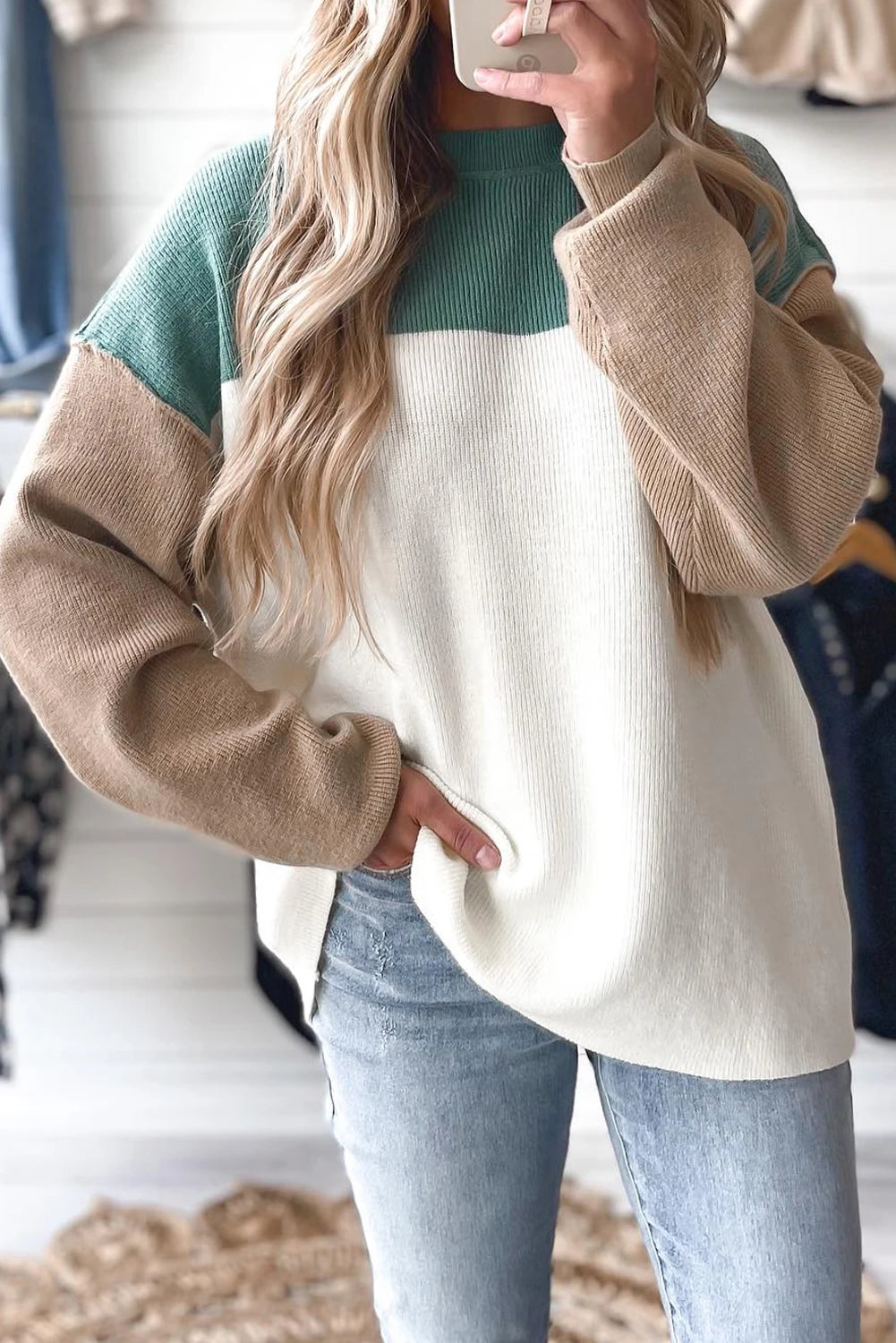 PREORDER: Green Color Block Plain Ribbed Knit Baggy Sweater (Ships 21-28 Business Days)