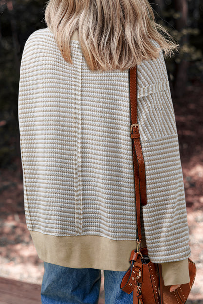 PREORDER: Brown Stripe Ribbed Trim Drop Shoulder Long Sleeve Oversize Top (Ships 3-4 Weeks)