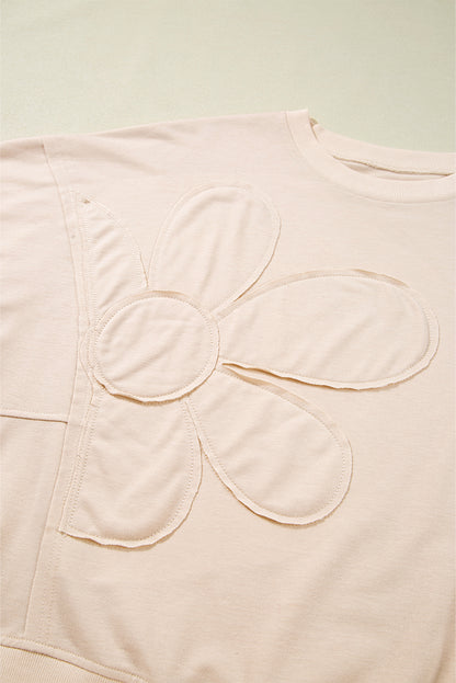 PREORDER: Beige Raw Edge Flower Patch Drop Shoulder Casual Top (Ships 3-4 Weeks)