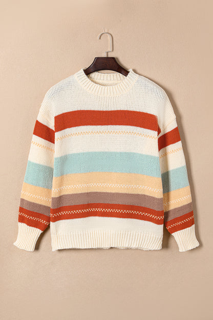 PREORDER: Crew Neck Drop-shoulder Striped Color Block Sweater (Ships 3-4 Weeks)