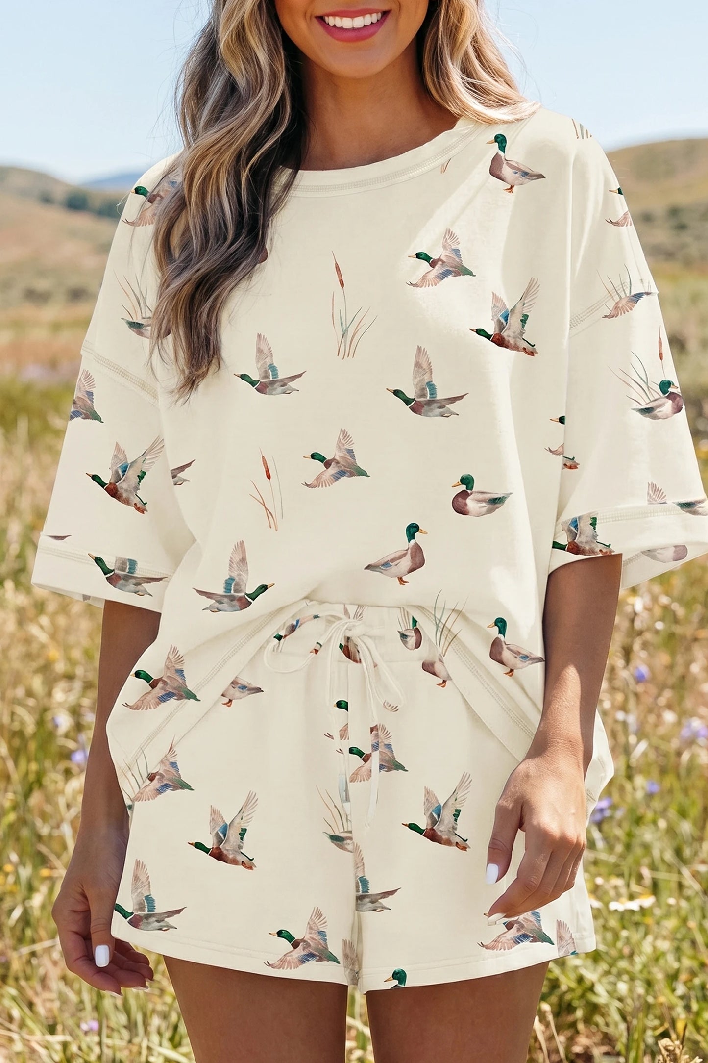 PREORDER: Beige Mallard Duck Print Oversized Tee Drawstring Short Set (Ships 21-28 Business Days)