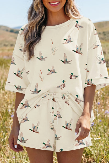 PREORDER: Beige Mallard Duck Print Oversized Tee Drawstring Short Set (Ships 21-28 Business Days)