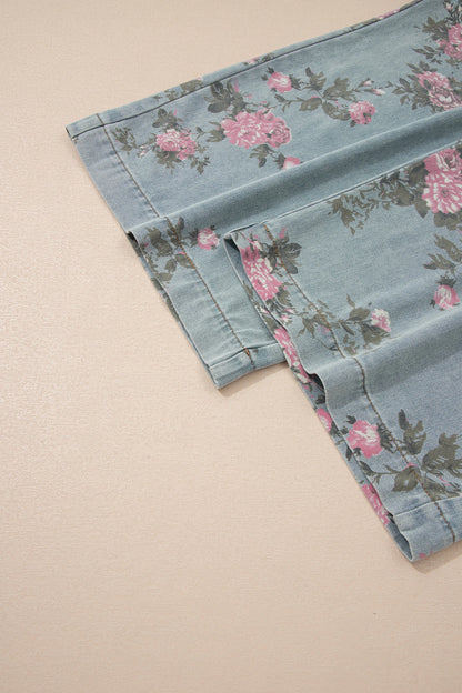 PREORDER: Beau Blue Floral Print Pleated High Waist Wide Leg Denim Jumpsuit (Ships 21-28 Business Days)