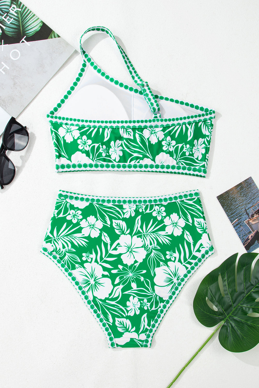 PREORDER: Green Floral Print One Shoulder High Waist Bikini Set (Ships 2-5 weeks)