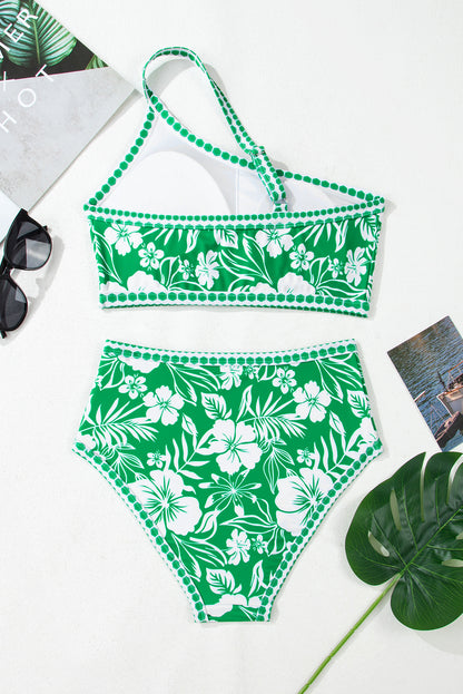 PREORDER: Green Floral Print One Shoulder High Waist Bikini Set (Ships 2-5 weeks)