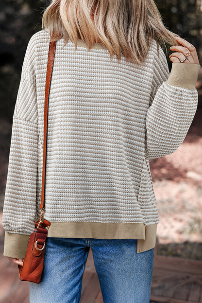 PREORDER: Brown Stripe Ribbed Trim Drop Shoulder Long Sleeve Oversize Top (Ships 3-4 Weeks)