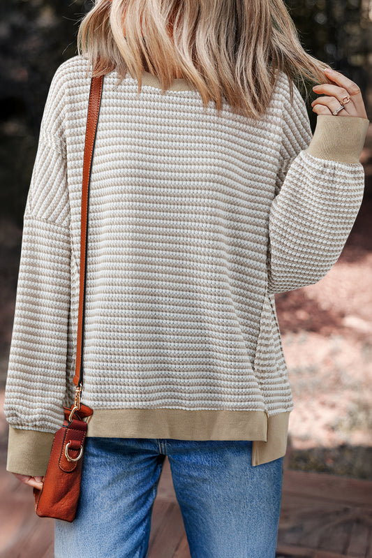 PREORDER: Brown Stripe Ribbed Trim Drop Shoulder Long Sleeve Oversize Top (Ships 3-4 Weeks)