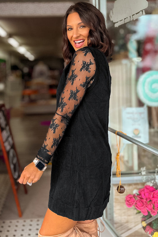 PREORDER: Black Corduroy Sleeveless Mini Dress With Patched Pockets (Ships 3-4 Weeks)