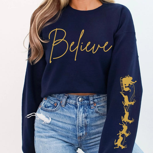 Metallic Gold Ink Believe + Sleeve Print Crewneck
