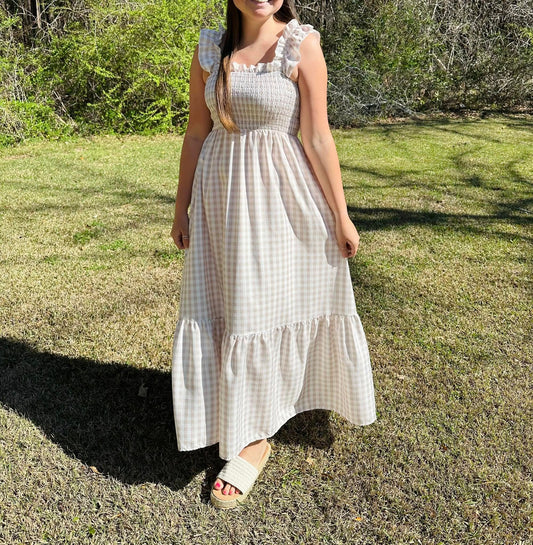 READY TO SHIP: Boho Checkered Dress in Beige