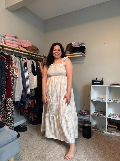 PREORDER: Boho Checkered Dress in Beige
