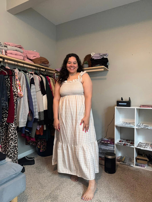 PREORDER: Boho Checkered Dress in Beige