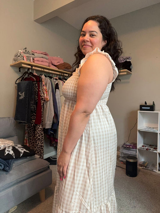 PREORDER: Boho Checkered Dress in Beige