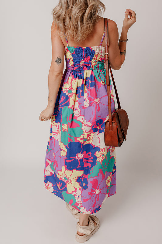 PREORDER: Purple Floral Print Shirred Spaghetti Strap Loose Maxi Dress (Ships 2-4 weeks)