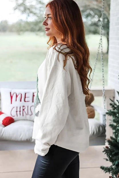 PREORDER: White Pearl Plaid Christmas Tree Patched Drop Shoulder Sweatshirt (Ships 21-28 Business Days)