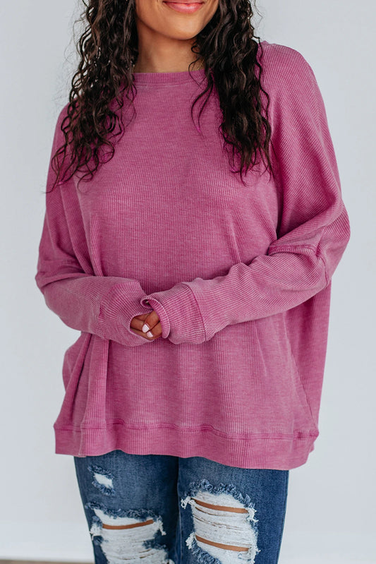 PREORDER: Bright Pink Waffle Knit Patchwork Long Sleeve Loose Top (Ships 21-28 Business Days)