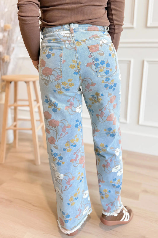 PREORDER: Sky Blue Floral Printed Raw Hem Shift Jeans (Ships in 21-28 Business Days)