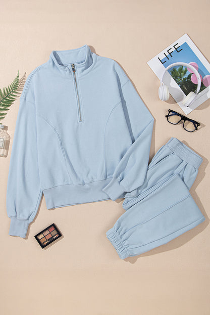 PREORDER: Sky Blue Half Zip up Pullover Active Top and Joggers Set (Ships 3-4 Weeks)