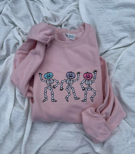 PREORDER: Embroidered Pumpkin Head Dancing Skellies Crewneck (Ships in 3-4 weeks)