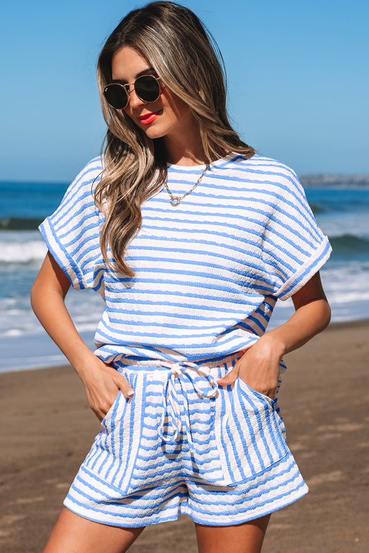 PREORDER: Striped Knitted Short Sleeve Top and Drawstring Shorts Set (Ships 2-3 weeks)