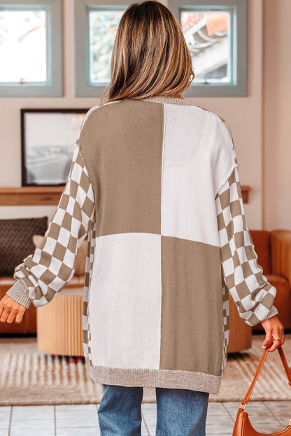 PREORDER: Brown Checkered Open Front Drop Shoulder Cardigan (Ships 3-4 Weeks)