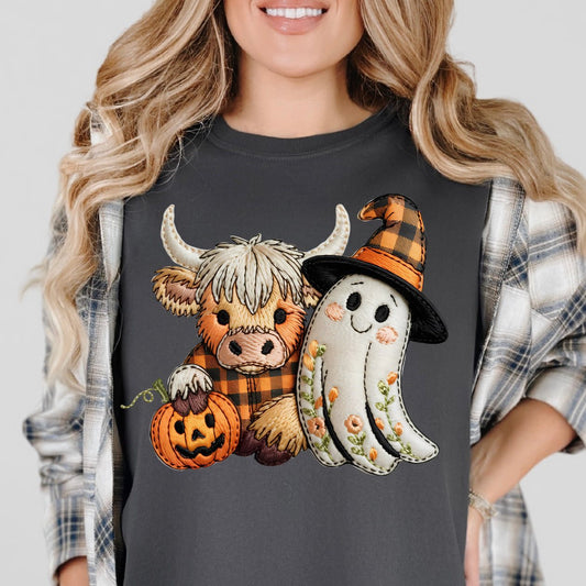 Faux Embroidery Cow & Ghost Tee