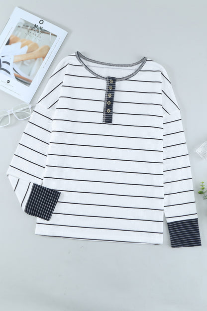 PREORDER: Striped Color Block Buttoned Waffle Knit Shirt (Ships 3-4 Weeks)