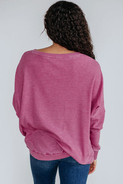 PREORDER: Bright Pink Waffle Knit Patchwork Long Sleeve Loose Top (Ships 21-28 Business Days)