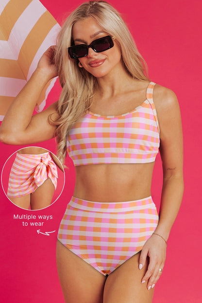 PREORDER: Pink 3pcs Gingham High Waist Bikini & Sarong (Ships 2-5 weeks)